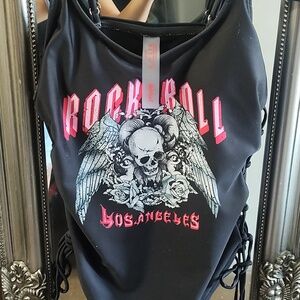 ROMWE Black One-Piece Swimsuit with Red and White Rock Graphic